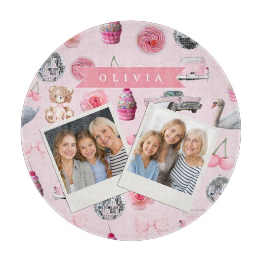 Personalized Pink Coquette Retro Cute Teddy Bear カッティングボード (正面)