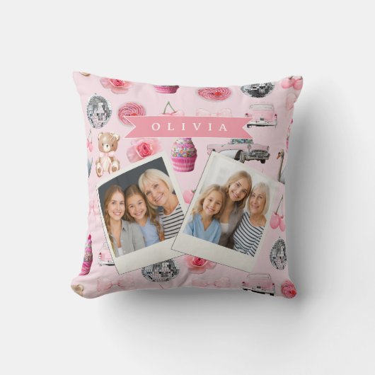 Personalized Pink Coquette Retro Cute Teddy Bear クッション (正面)