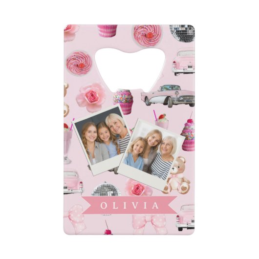 Personalized Pink Coquette Retro Cute Teddy Bear クレジットカード栓抜き (正面)