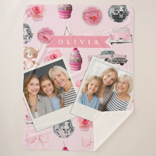Personalized Pink Coquette Retro Cute Teddy Bear シェルパブランケット (正面)
