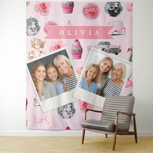 Personalized Pink Coquette Retro Cute Teddy Bear  タペストリー (インサイチュ)