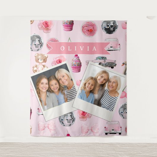 Personalized Pink Coquette Retro Cute Teddy Bear  タペストリー (正面)