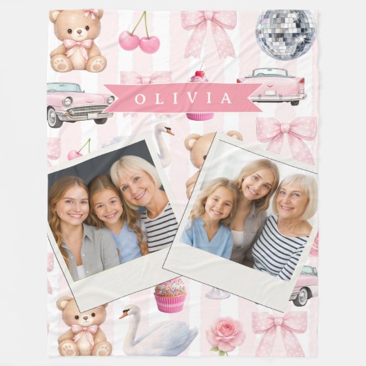 Personalized Pink Coquette Retro Cute Teddy Bear  フリースブランケット (正面)