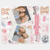 Personalized Pink Coquette Retro Cute Teddy Bear  フリースブランケット (正面(横))