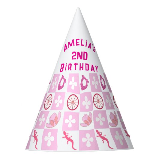 Personalized Pink Cowgirl Checkered Birthday  パーティーハット (正面)