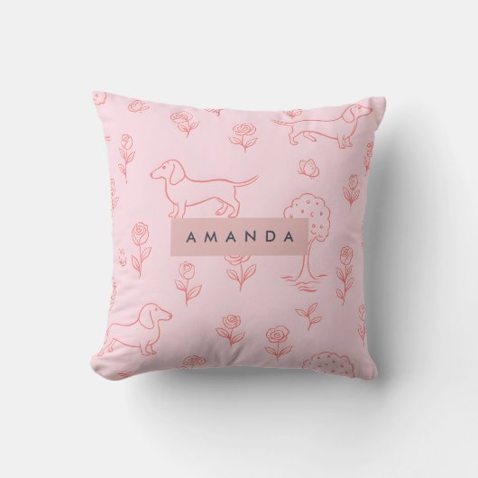 Personalized Pink Dachshund and Flower クッション (正面)
