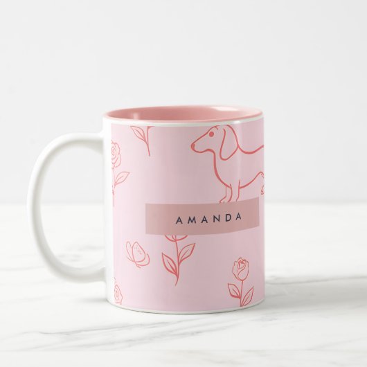 Personalized Pink Dachshund and Flower ツートーンマグカップ (左)