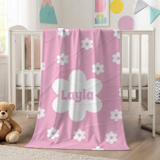 Personalized Pink Daisy Name Fleece Blanket フリースブランケット