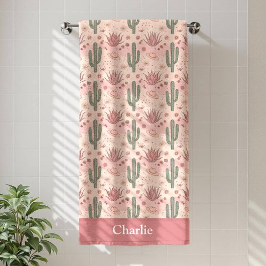 Personalized Pink Desert Cactus バスタオル