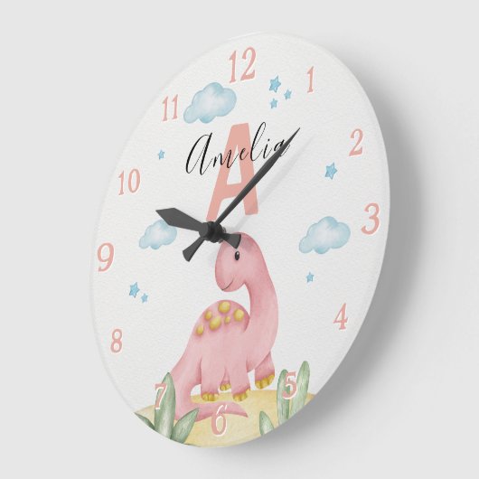 Personalized Pink Dinosaur Nursery Large Clock ラージ壁時計 (傾斜)