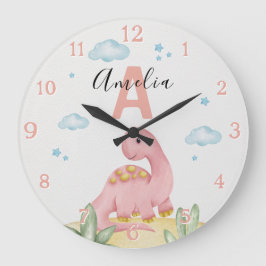 Personalized Pink Dinosaur Nursery Large Clock ラージ壁時計