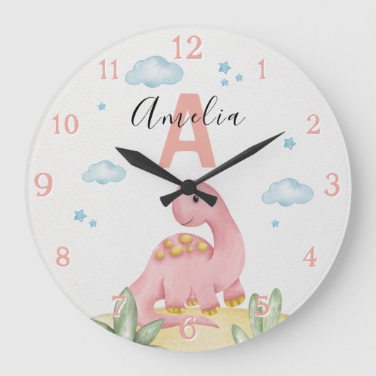 Personalized Pink Dinosaur Nursery Large Clock ラージ壁時計 (正面)