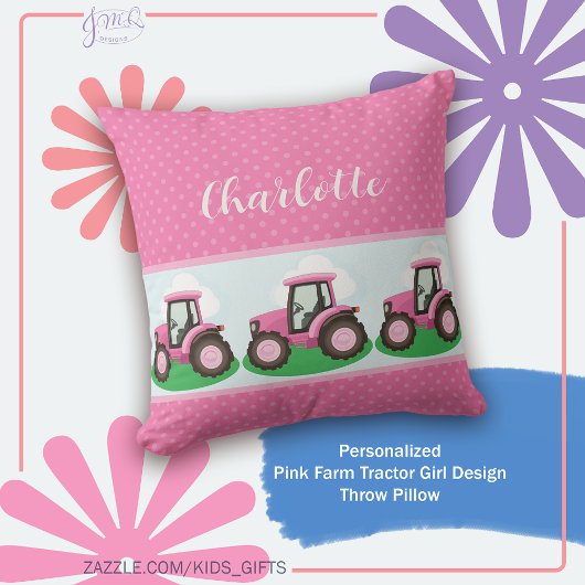 Personalized Pink Farm Tractor Girl Design クッション