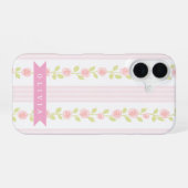 Personalized pink feminine coquette floral striped iPhone 16ケース (裏面横)