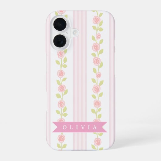 Personalized pink feminine coquette floral striped iPhone 16ケース (裏面)