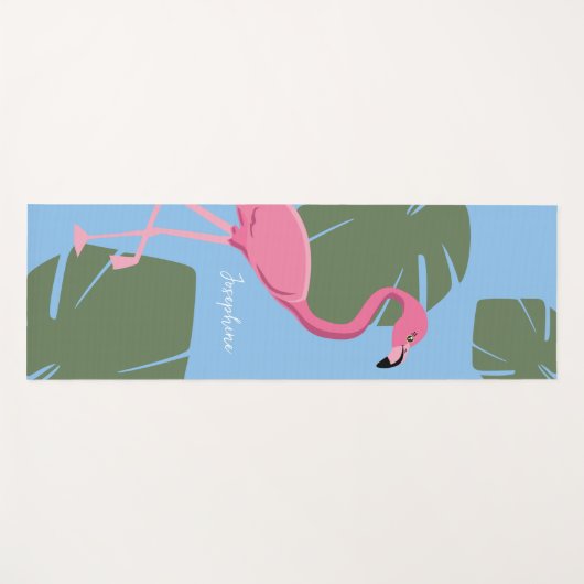 Personalized Pink Flamingo with Tropical Leaves ヨガマット (正面(横))