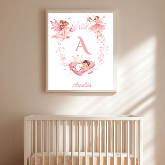 Personalized Pink Floral Fairy Monogram Nursery ポスター