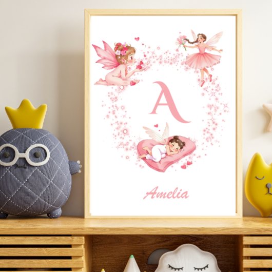 Personalized Pink Floral Fairy Monogram Nursery ポスター