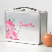 Personalized Pink Floral Metal Lunch Box メタルランチボックス (インサイチュ)