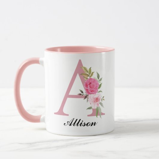 Personalized Pink Floral Monogram Mug Gift for Her マグカップ (左)