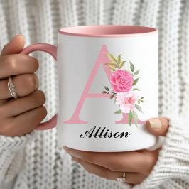 Personalized Pink Floral Monogram Mug Gift for Her マグカップ