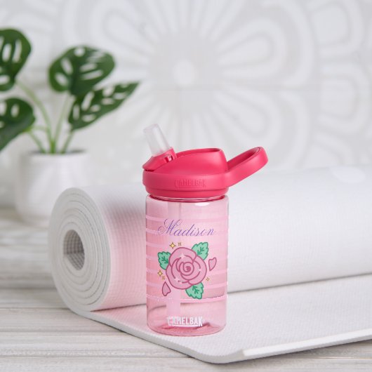 Personalized Pink Floral Water Bottle – 14 oz ウォーターボトル (ヨガ (回転後))