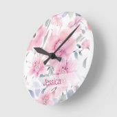 Personalized Pink Floral Watercolor  ラウンド壁時計 (傾斜)