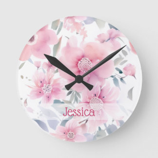 Personalized Pink Floral Watercolor  ラウンド壁時計