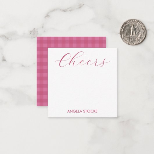 Personalized Pink Gingham ノートカード (正面/裏面インサイチュ)