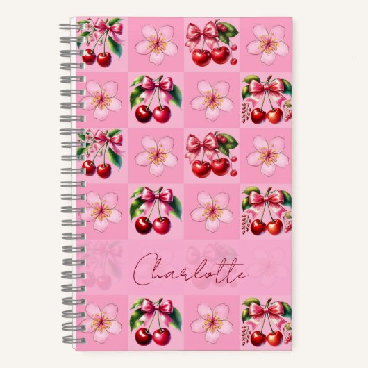 Personalized Pink Gingham Cherry Blossom ノートブック (正面)