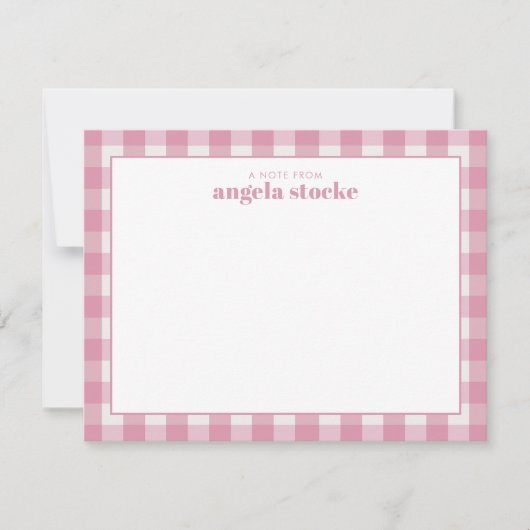 Personalized Pink Gingham Note Card ノートカード (正面)