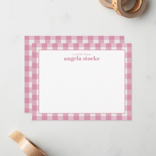 Personalized Pink Gingham Note Card ノートカード (正面/裏面インサイチュ)