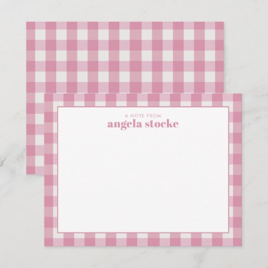 Personalized Pink Gingham Note Card ノートカード (正面/裏面)