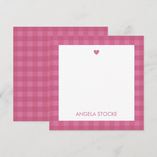 Personalized Pink Gingham Note Card ノートカード (正面/裏面)