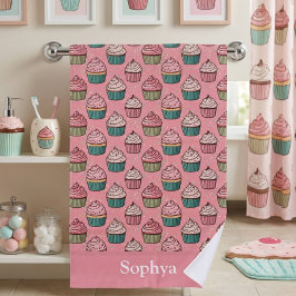 Personalized Pink Glitter Cupcake ビーチタオル