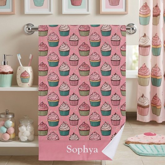 Personalized Pink Glitter Cupcake ビーチタオル