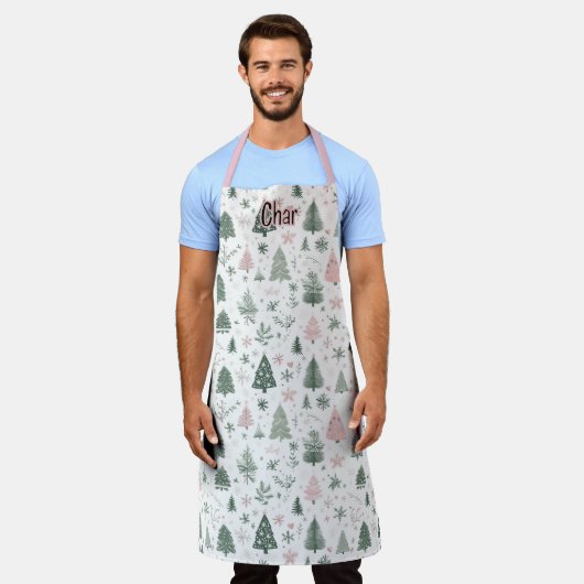 Personalized Pink & Green Christmas Tree Pattern エプロン (着用した状態)