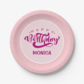 Personalized Pink Happy Birthday  ペーパープレート (正面)