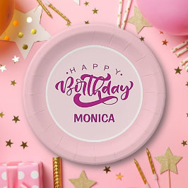 Personalized Pink Happy Birthday  ペーパープレート