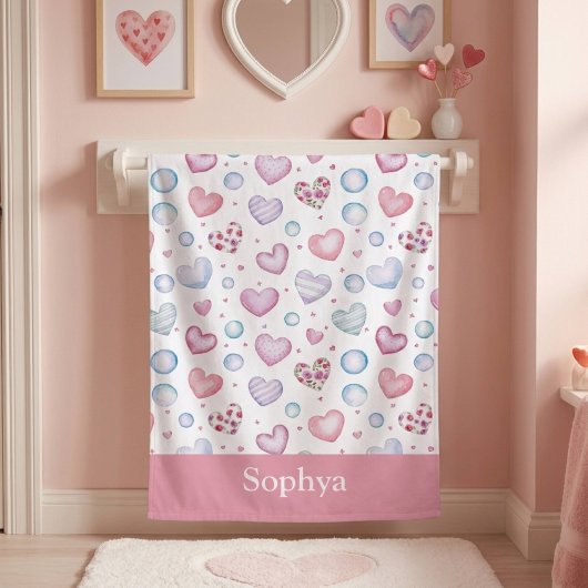 Personalized Pink Heart Kids バスタオル