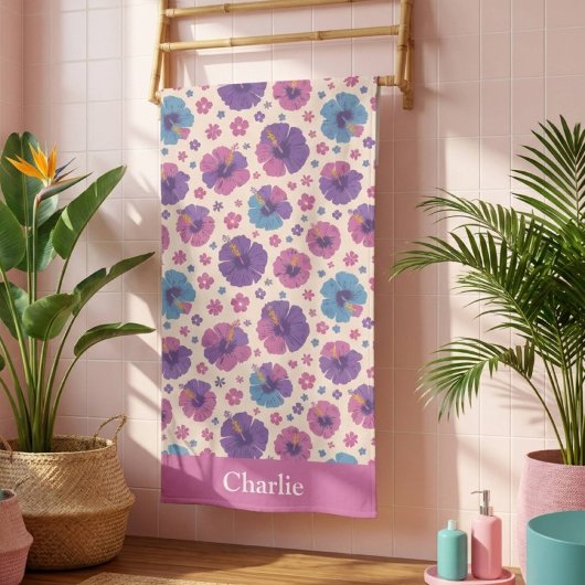 Personalized Pink Hibiscus Flower ビーチタオル