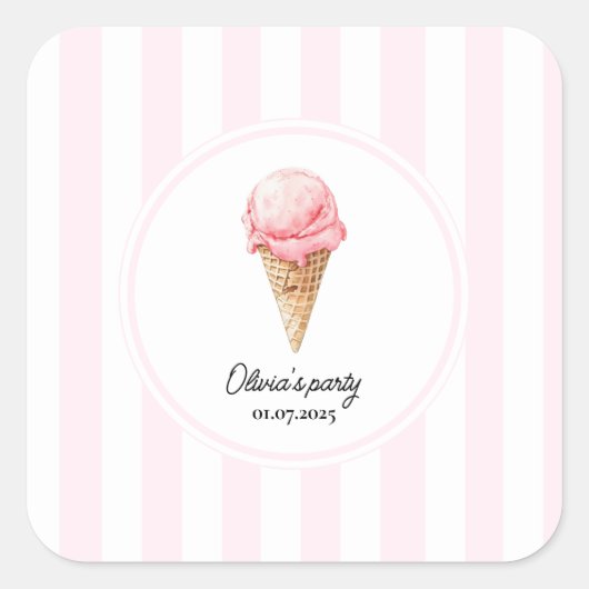 Personalized Pink Ice Cream Cone Party Sticker スクエアシール (正面)
