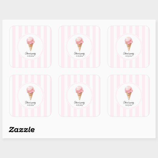 Personalized Pink Ice Cream Cone Party Sticker  スクエアシール (シート)