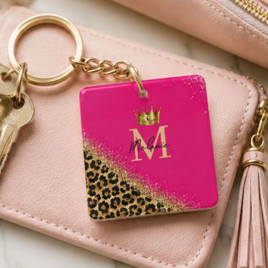 Personalized Pink Leopard Gold Glitter Monogram キーホルダー