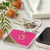 Personalized Pink Leopard Gold Glitter Monogram キーホルダー (正面右)