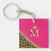 Personalized Pink Leopard Gold Glitter Monogram キーホルダー (正面)