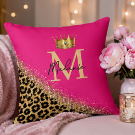 Personalized Pink Leopard Gold Glitter Monogram クッション