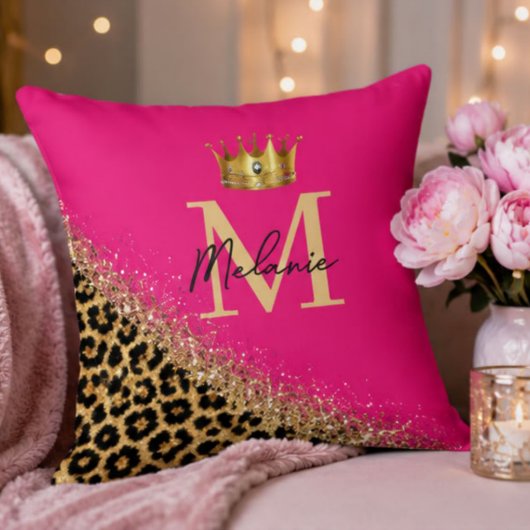 Personalized Pink Leopard Gold Glitter Monogram クッション