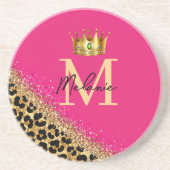 Personalized Pink Leopard Gold Glitter Monogram コースター (正面)