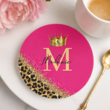 Personalized Pink Leopard Gold Glitter Monogram 